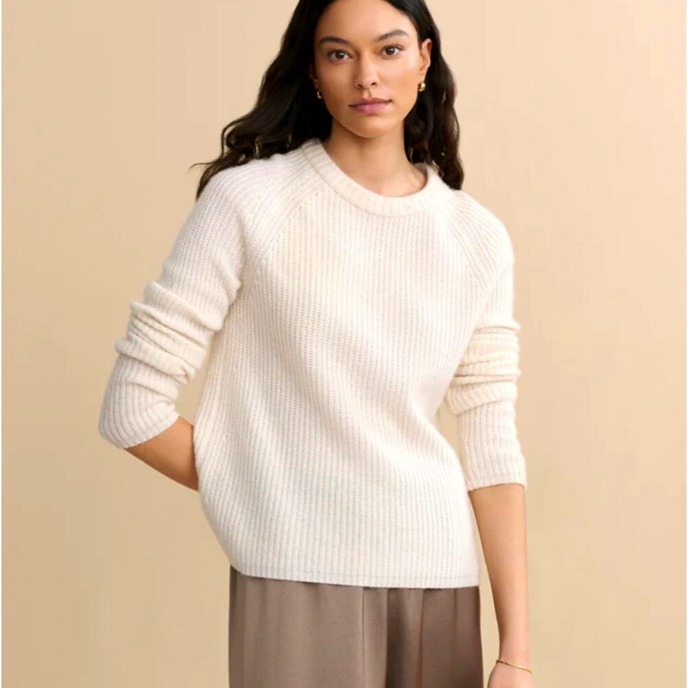 Jenni Kayne M 100% CASHMERE Fisherman Sweater $425 Ivory Cream White NEW
